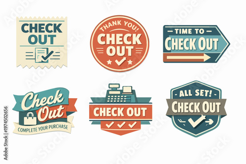 Checkout labels and stickers set for online shopping, retail, sales payment, electronic commerce completion