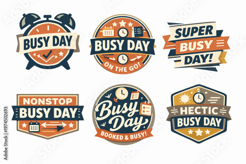 Busy day badges and stickers collection representing time management, productivity, planning, and packed schedules