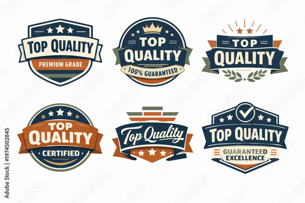 Fototapeta premium Top quality badges set featuring premium grade, 100% guaranteed, certified, and guaranteed excellence labels