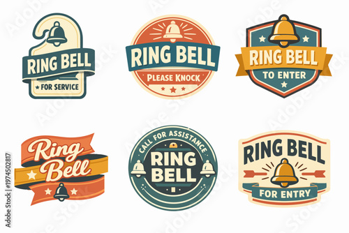 Vintage bell labels and badges with ring bell text, offering service, entry, and assistance notification icons
