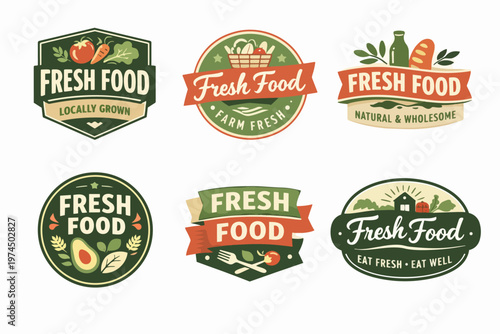 Fresh food concept badges and organic farm produce labels set, promoting natural, healthy and local growing