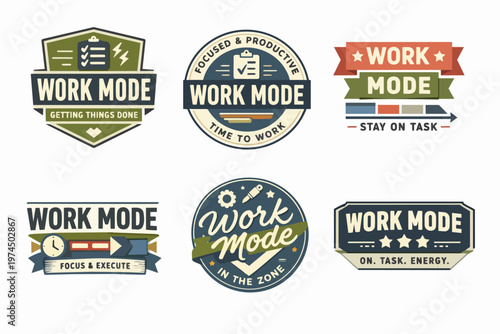 Work mode badges collection for productivity, office, and business concepts, staying focused and getting things done