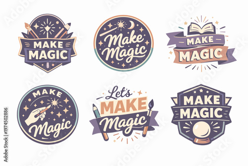 Make magic badges set featuring creative typography, art tools, stars, and mystic elements on vintage emblems