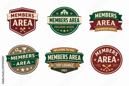 Set of retro-inspired members area badges and emblems, indicating exclusive access, authorized entry, and vip lounge