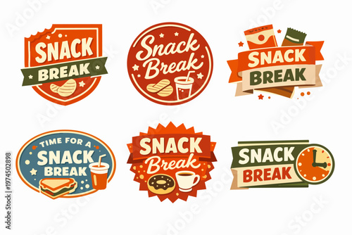 Set of assorted snack break labels, emblems, and stickers with vintage design, food items, and typography