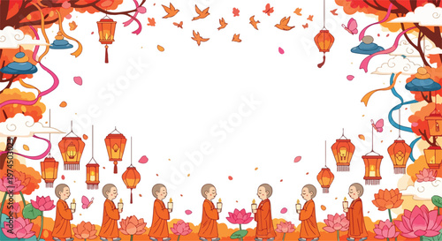 Group of buddhist monks walking in line holding candles for religious candle light procession ceremony with lanterns border.