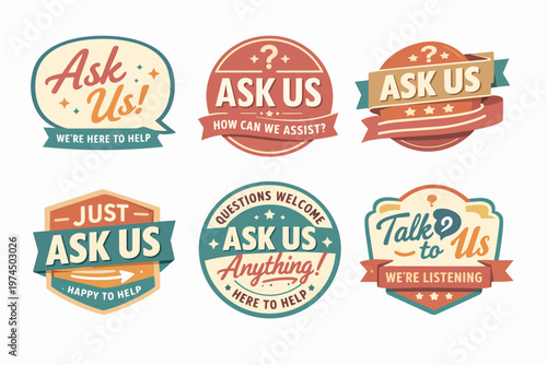 Set of retro style customer support badges and labels, offering assistance, help, and welcoming questions