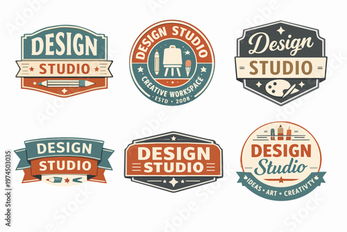 Set of old-fashioned badges for design studios, featuring artistic tools, typography, and inspiring creative ideas