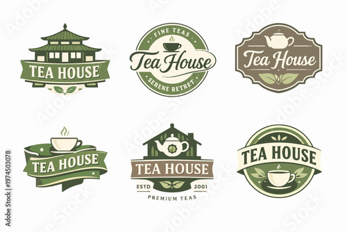 Tea house logo set with vintage style elements, including cups, teapots, and buildings, for marketing hot beverages