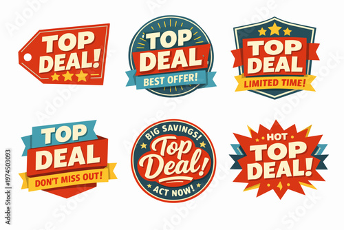 Assorted top deal badges, labels, and tags in retro style, advertising best offers, big savings, and sales events