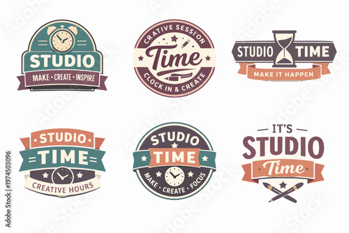 Set of studio time labels and badges with clocks, hourglasses, and pencils, stressing creativity and productivity