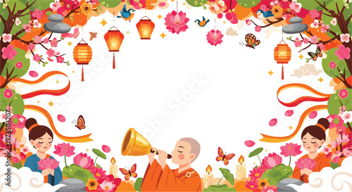 Buddhist monk in orange robe blowing traditional horn during Loy Krathong festival celebration with lotus flowers and lanterns. 