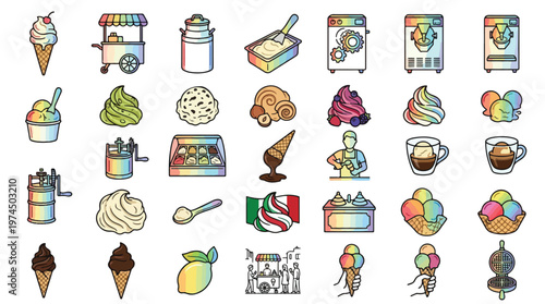 Ice Cream and Gelato Icon Set in Holographic Style. A collection of Dessert Linear Icons, including cone, scoop, machine, cart, milk, waffle, cup, affogato, soft serve, lemon, and more. Vector art.