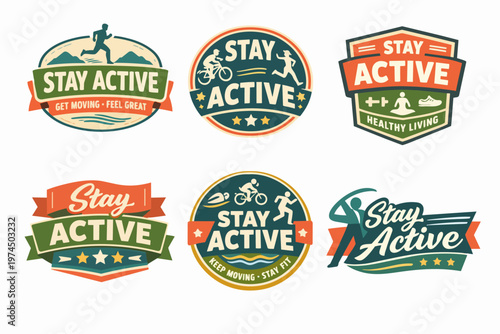 Stay active and healthy living emblems, vintage style fitness badges promoting exercise, sport, and well-being activities