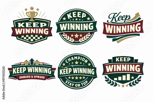 Keep winning badges collection, expressing concepts of success, achievement, championship, and motivation in a vintage style