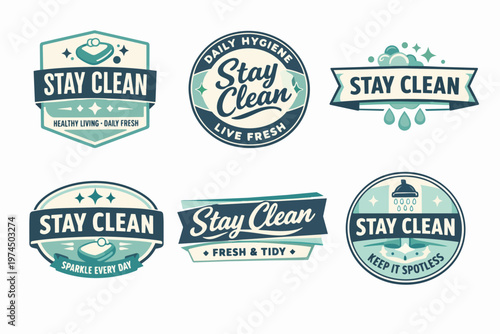 Cleanliness and hygiene concept labels in a vintage theme. Showing six different badges with text stay clean and related icons