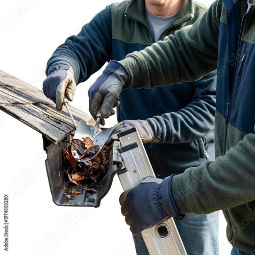 Two men cleaning a gutter with gloves and tools.