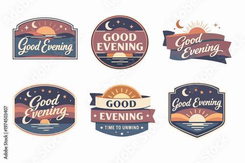 Good evening badges collection showing sunset, night sky, moon, and stars for greeting and relaxing concepts