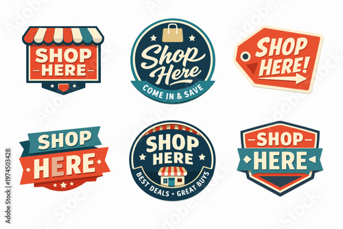 Shop here badges collection offering commercial retail promotion and vintage sales labels on white background