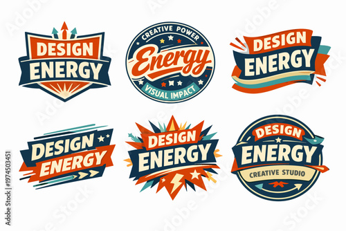 Design energy retro badges and labels collection displaying creative studio power and visual impact for branding projects
