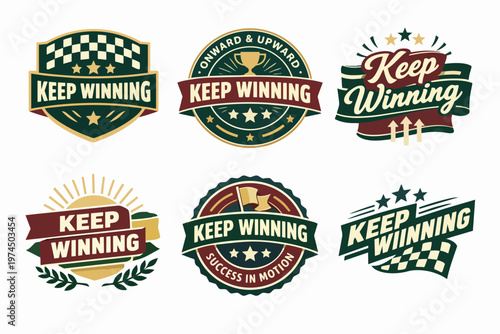 Keep winning badges collection vintage style, presenting success, victory, achievement, and motivation in competition