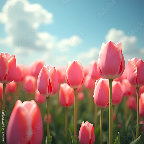 Field of Vibrant Pink Tulips Blooming Under a Blue Sky with Clouds background design