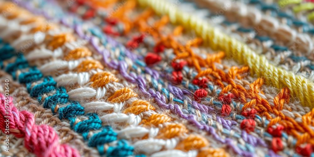 Fototapeta premium Extreme close up of colorful embroidery stitches showing rich thread texture, layered needlework details, and vibrant handmade textile craftsmanship