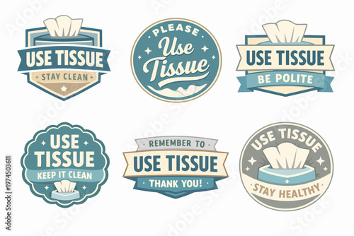 Vintage style sticky labels and badges encouraging the use of tissues for health, cleanliness, and politeness
