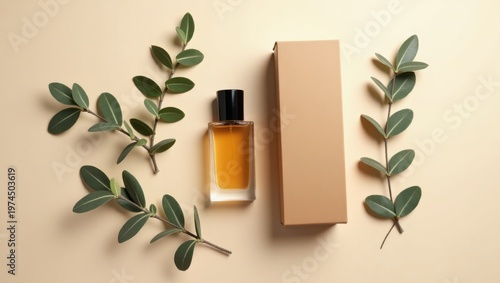 Minimalist amber glass perfume bottle with eucalyptus leaves on neutral background