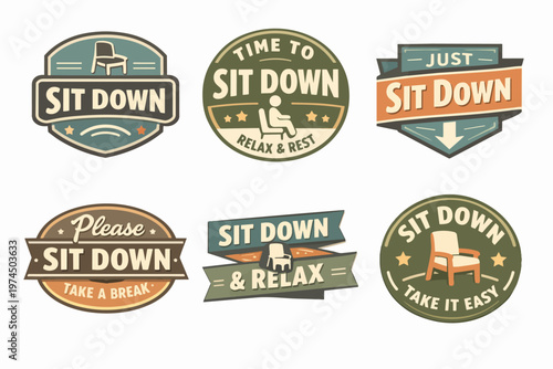 Sit down and relax badges collection promoting comfort, rest and taking a break with chairs and lettering