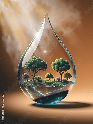 Water droplet with miniature eco landscape inside reflecting sustainability concept