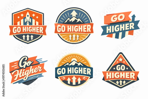 Motivational go higher badge collection with rockets, mountains, and upward arrows representing ambition and achievement