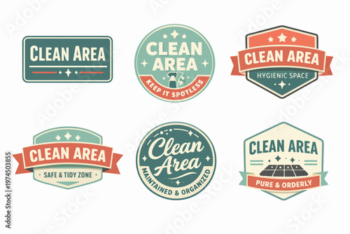Clean area badges and labels ensuring hygiene and safety, promoting organized and spotless zones with housekeeping signs