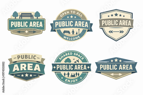 Public signs and badges for parks and shared community spaces, featuring icons of people, benches, and trees
