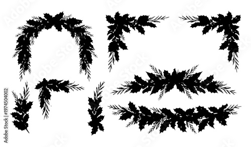 Hand painted watercolor Christmas garlands and corner frames with holly branches and berries isolated on white