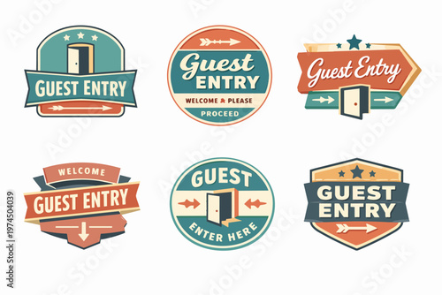 Set of retro guest entry signs and badges, featuring doors, arrows, and stars, providing clear access indications