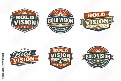 Collection of bold vision badges in a vintage style, showing sunrises, landscapes, and stars, symbolizing future-focused ambition