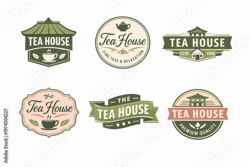 Multiple vintage tea house logos and badges, incorporating concepts of relaxation, premium quality, cafes, and oriental design