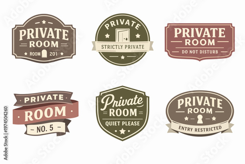 Set of vintage private room signs providing different messages about privacy and restricted access in retro style