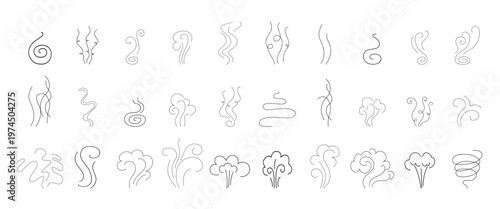 Doodle smoke icons set. Water steam symbols. Hand drawn hot vapours. Line air smell symbols, swirl, drawing, scent, vignetting, Vector illustration.