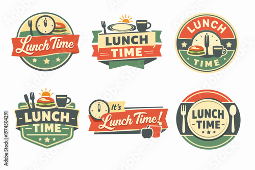 Vintage lunch time labels set depicting various food items and restaurant badges for menu design