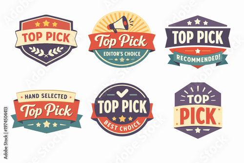 Collection of top pick quality seals and best choice labels, recommending products in vintage retro style