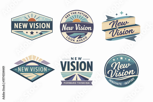 New vision badges collection presenting forward thinking, future looking concepts with graphical elements and typography