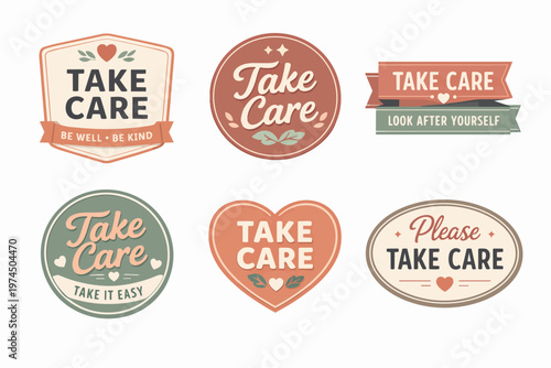 Take care badges in retro style, promoting self-care, well-being, and kindness messages to look after yourself