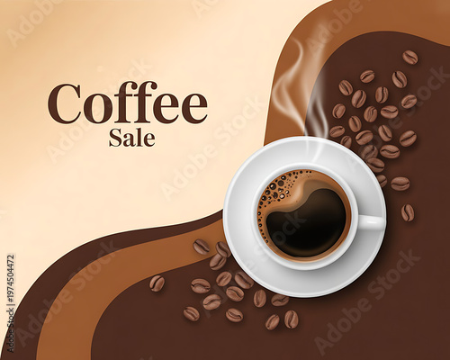 coffee sale banner with steaming cup and beans on warm background