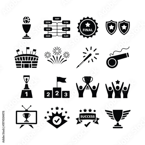 Black icons depicting various sports achievements awards and stadium elements