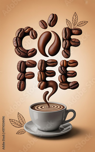fresh coffee beans pouring into cup with latte art on kraft paper background