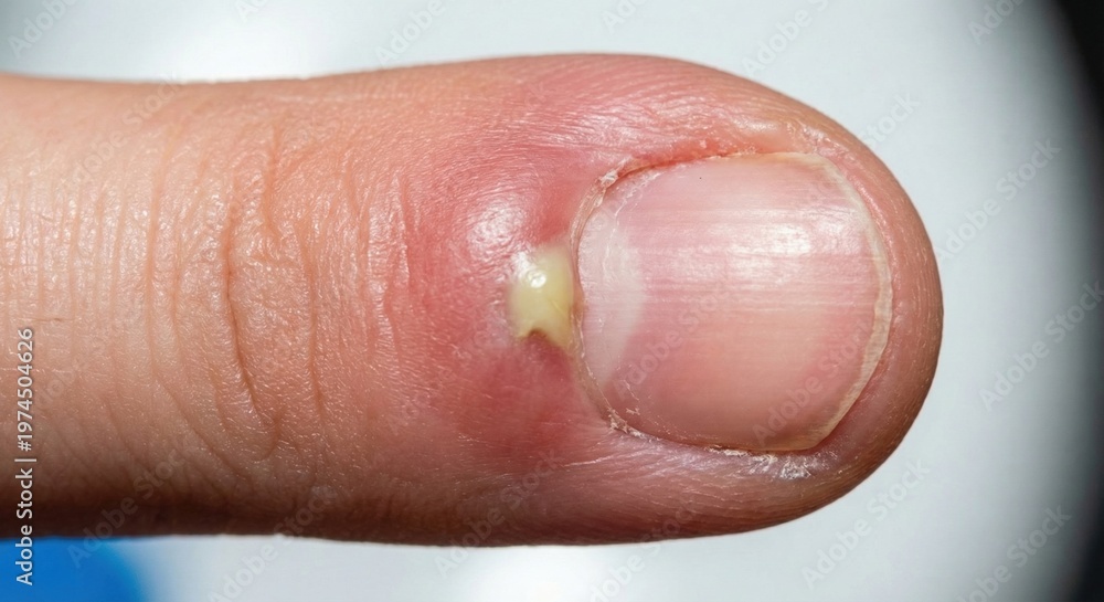 Fototapeta premium Close up of finger with paronychia infection and pus