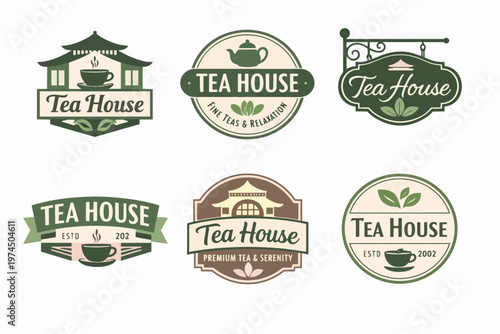 Tea house logos with oriental motifs, presenting variety of vintage designs for cafe, shop, and organic tea branding