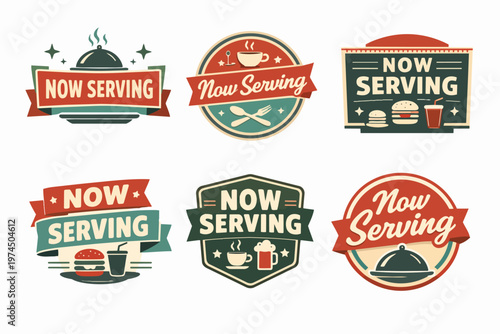 Now serving food and drink badges featuring vintage restaurant logos, diner menu labels, and cafe bistro signs